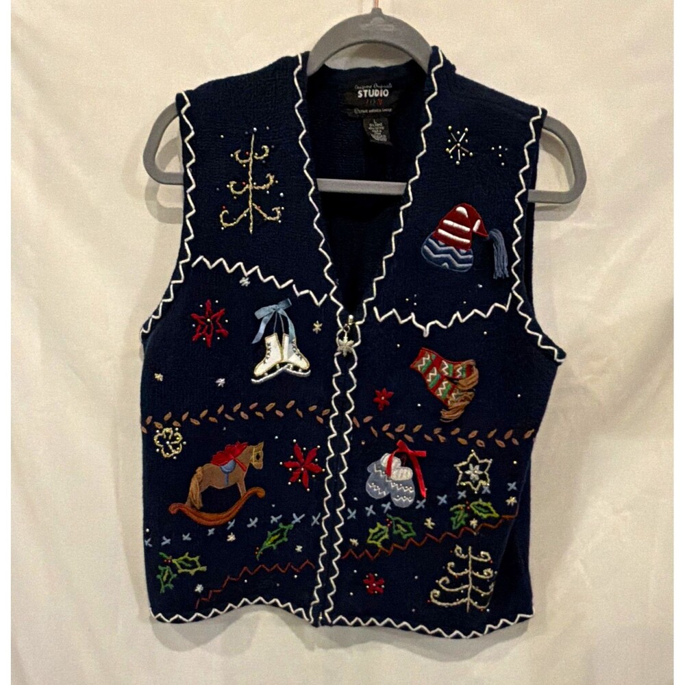 Designers Originals Studio Joy Women’s Navy Holiday Embroidered Full Zip Vest L